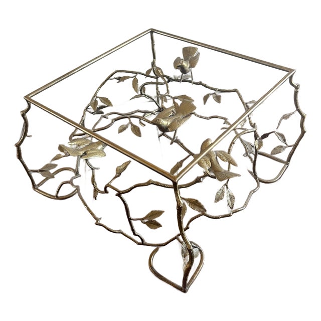 1970s Vintage Italian Brass Organic Tree & Bird Square Cocktail Table For Sale