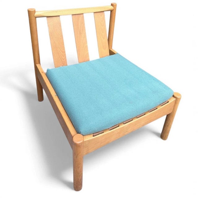 Wood Mid-Century Modern Ash Lounge with Blue Cushion from Ercol For Sale - Image 7 of 7