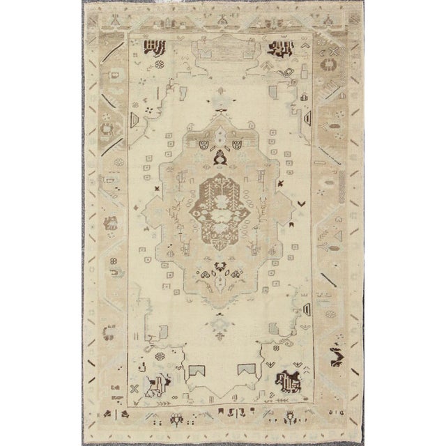 Vintage Turkish Oushak Rug in Soft Cream With Faded Taupe and Subtle Sky Blue For Sale - Image 10 of 10