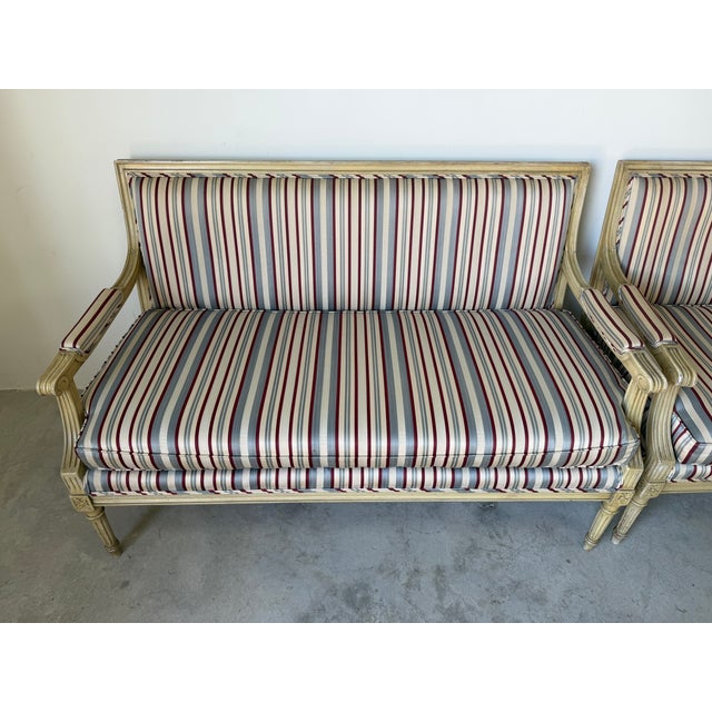 Vintage French Neoclassical Louis XV Style Striped Upholstery Settees – Pair For Sale - Image 4 of 17