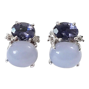 Christina Addison Mini Gum Drop Earrings With Iolite and Cabochon Chalcedony and Diamonds