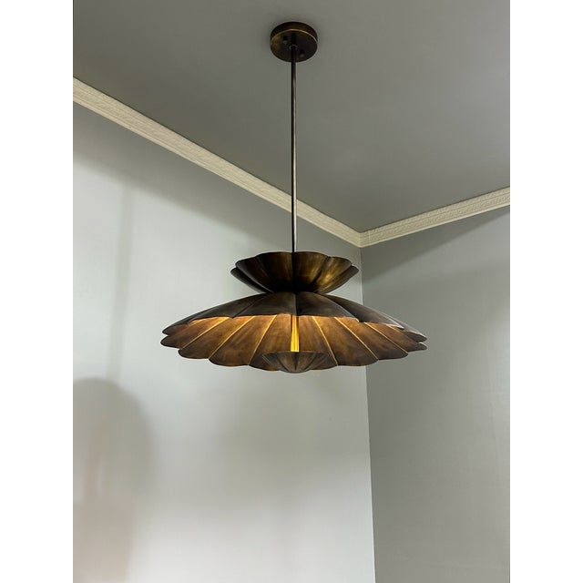 Art Deco Brass Shell Pendant Light – Handcrafted Scalloped Ceiling Fixture For Sale - Image 3 of 6