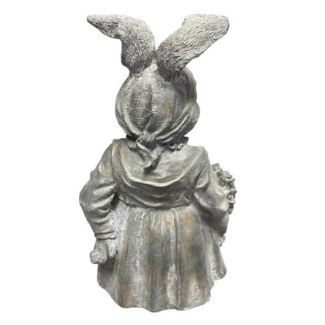 Metal Vintage Cast Iron Anthropomorphic Rabbit Garden Statue With Bouquet For Sale - Image 7 of 12