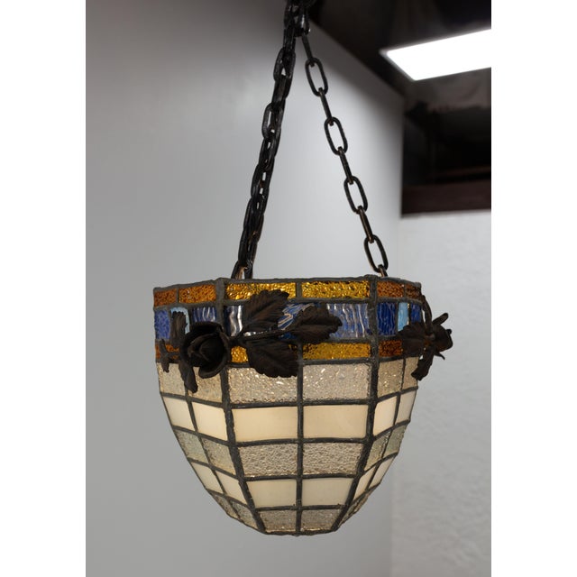 French Art Deco Ceiling Lamp in Lead and Textured Glass, 1930s For Sale - Image 4 of 15