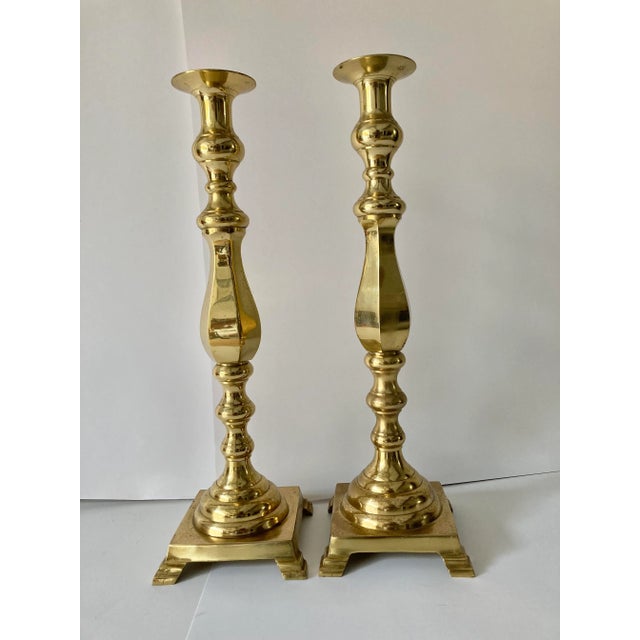 Metal Gothic Style Monolithic Brass Candle Sticks (2) Pair For Sale - Image 7 of 7