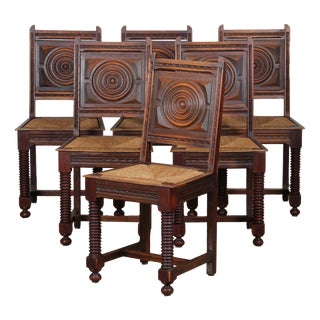 French Straw-Seated Chairs in Wood, 1940, Set of 6 For Sale