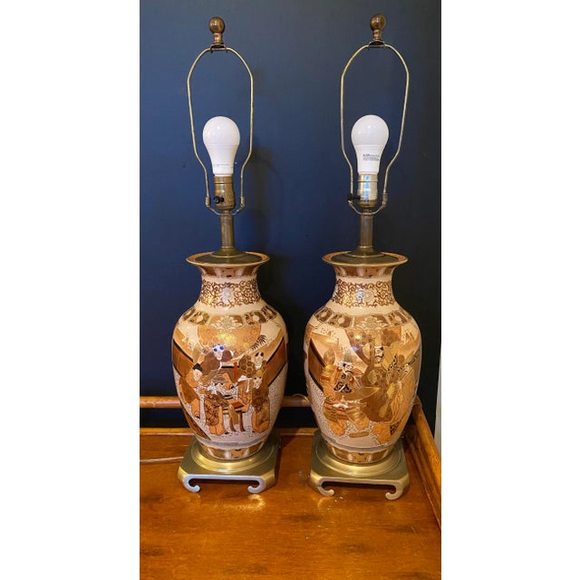 Japanese Asian Satsuma Hand Painted Vintage Lamps - A Pair For Sale - Image 11 of 11
