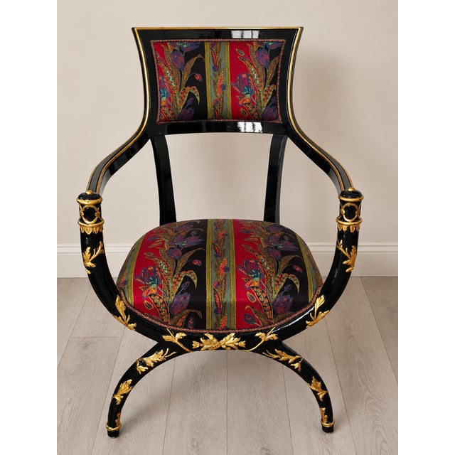 Italian Black Lacquer and Gilt Armchair with Floral Cotton Satin Upholstery, 1980s For Sale - Image 9 of 9