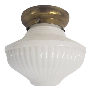 1920's Flush Mounted Art Deco Ribbed White Globe Ceiling Light For Sale