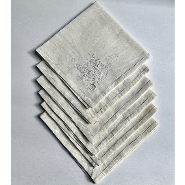 Mid-Century Modern Set of 6 Mid 20th Century Off White Linen & Cotton Dining Napkins With Cut Work For Sale - Image 3 of 16