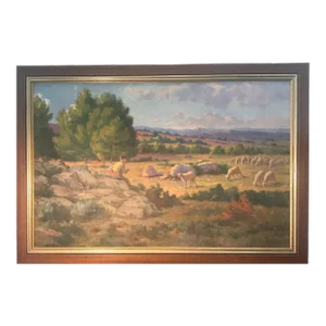 Circa 1900 French Landscape with Shepherd and Flock of Sheep Oil Painting by Charles Joseph Berges, Framed