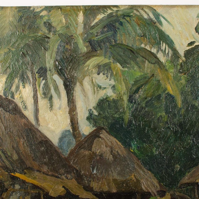 Depicting a tropical landscape with women, chickens, straw huts and palm trees within an Indonesian village, circa 1920,...