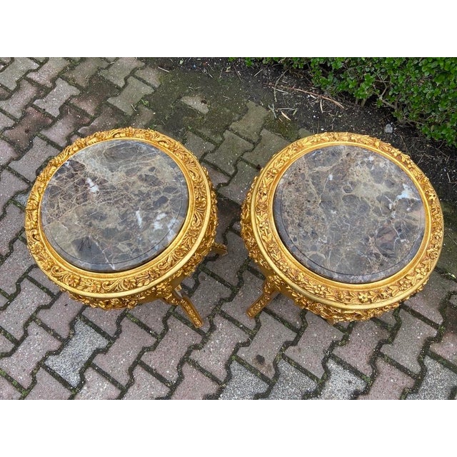 1980s French Louis XVI Gold Gray Marble Side Tables - Pair For Sale - Image 4 of 10