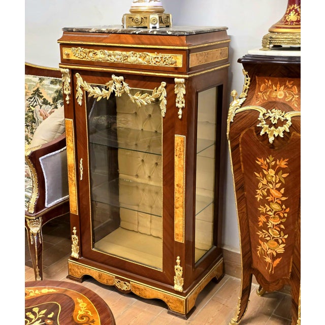 Traditional French Empire Display Cabinet – Marble Top, Gilded Bronze & Gold Leaf Details With Velvet Interior For Sale - Image 3 of 3