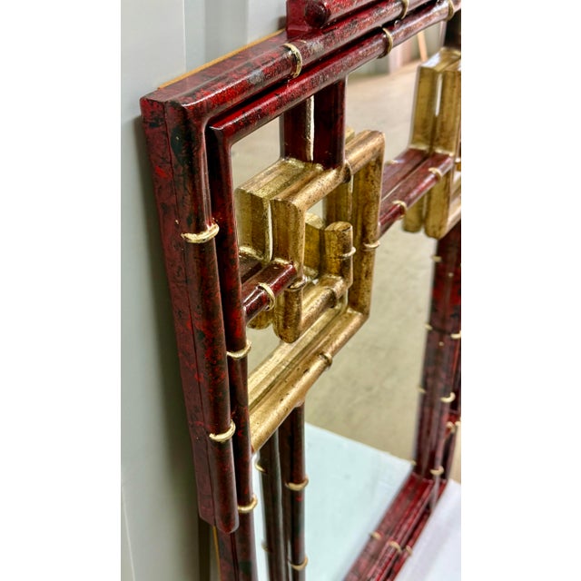 Turner Mid 20th Century Red Faux Tortoise Shell & Parcel Gilt Newly Painted Chinoiserie Mirror by Turtle and Crane - Tony Duquette & Maitland-Smith Style For Sale - Image 4 of 12