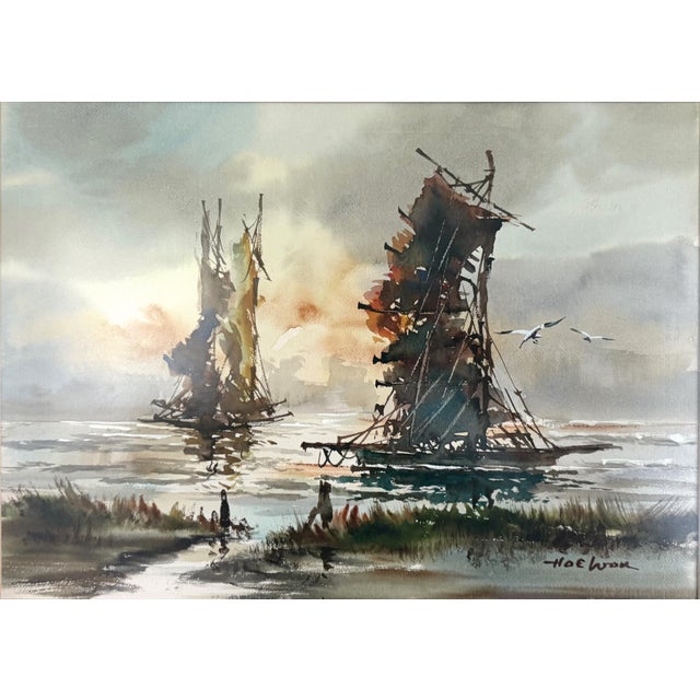 Original seascape watercolor by Korean artist, Hoe Won. 1960's. Beautiful painting depicting ships near shore with flowing...
