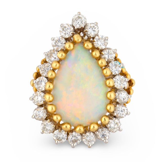 Contemporary Vintage Opal Diamond 18k Yellow Gold Cocktail Ring, Size 6 For Sale - Image 3 of 6