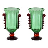 1980s Pair of Green and Golden Brown Murano Glass Vases For Sale