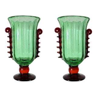 1980s Pair of Green and Golden Brown Murano Glass Vases For Sale
