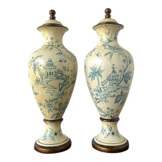 Vintage Crackle Finish Blue Willow Urns - A Pair For Sale