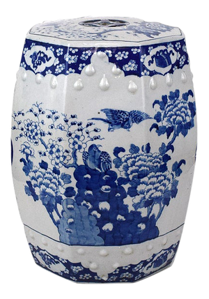 Chinoiserie Porcalain Blue and White Birds and Botanical Garden Stool
