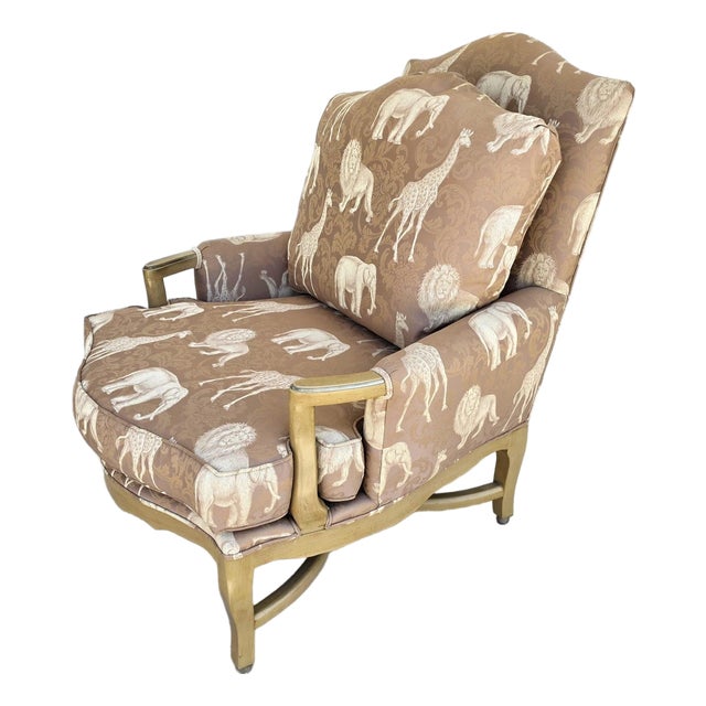 French Louis XV Bergère Armchair Safari Animals Lions Elephants Giraffes For Sale