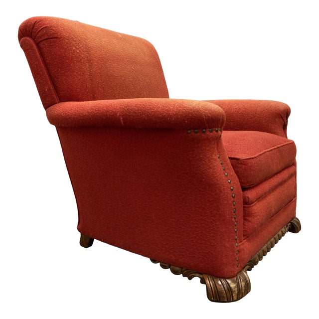 American carved walnut club chair in original upholstery solid hardwood frame with heavy duty industrial steel springs...