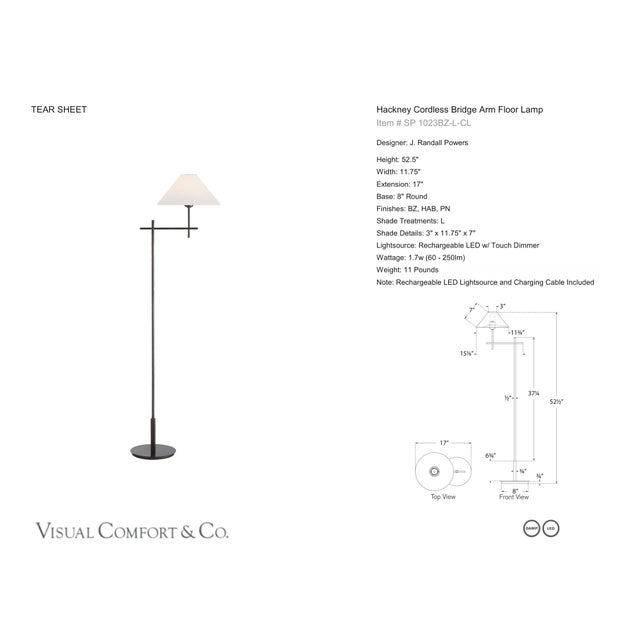 J. Randall Powers by Visual Comfort Signature Hackney Cordless Bridge Arm Floor Lamp in Bronze with Linen Shade Designer:...