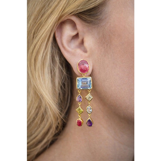 Bochic “Orient” Vintage Ruby & Multi gem Cascading Earrings Set 18K Gold&Silver For Sale - Image 4 of 7