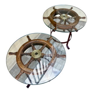 A Pair of Vintage Handcrafted Ship's Wheel Glass Top Side Tables. Circa 1970s For Sale