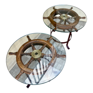 A Pair of Vintage Handcrafted Ship's Wheel Glass Top Side Tables. Circa 1970s