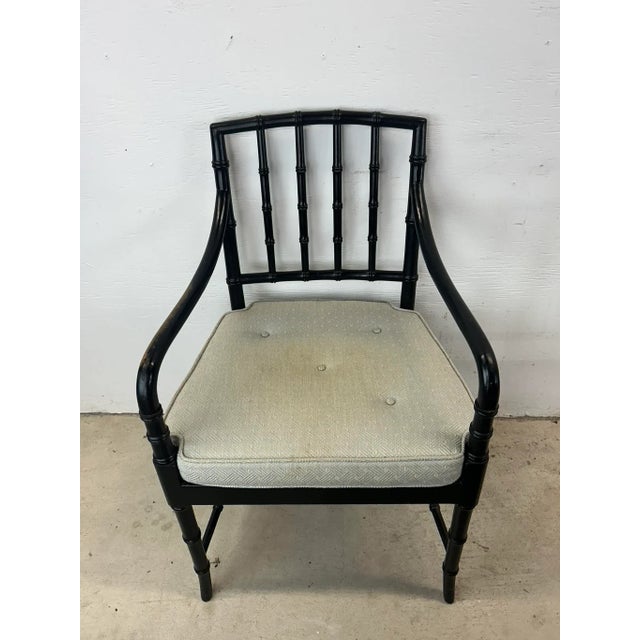 Asian Set of 4 Mid Century Faux Bamboo Dining Chairs With Caned Seat & Tufted Cushions For Sale - Image 3 of 12