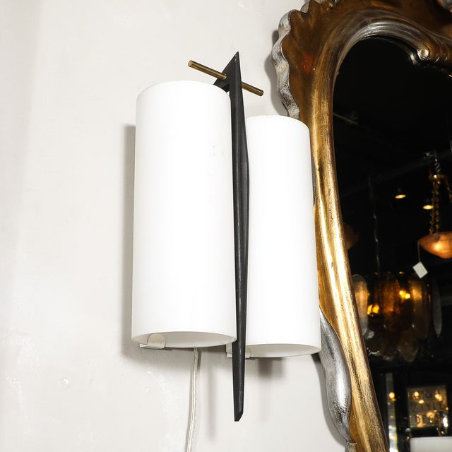 Maison Arlus Mid-Century Frosted Glass, Brass & Black Enamel Sconce by Maison Arlus For Sale - Image 4 of 11