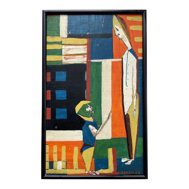 Mid Century Modern Oliver Green Oil Painting on Board in Black Met Frame For Sale