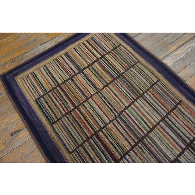 1920s Multi Purple Stripe Folk Art Antique American Hooked Rug 2'7" X 3'8" Knotted Wool Carpet For Sale - Image 11 of 13