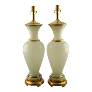 Vintage Murano White Opaline Glass Table Lamps - a Pair
