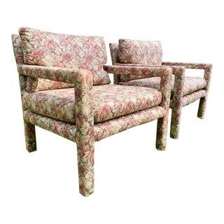 Mid 20th Century Mid Century Modern Floral Parsons Chairs in the Style of Milo Baughman - Set of 2 For Sale
