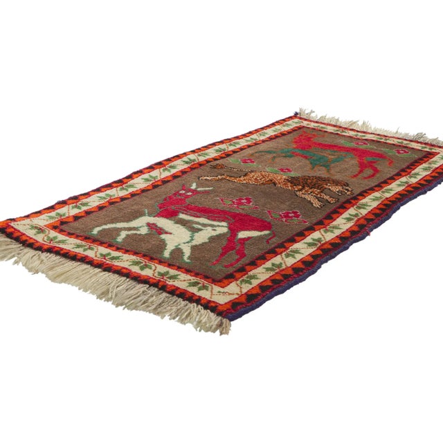 61055 Vintage Persian Qashqai Gabbeh Pictorial Rug with Zoomorphic Design 02'03 x 04'03. Reminiscences of an exotic...