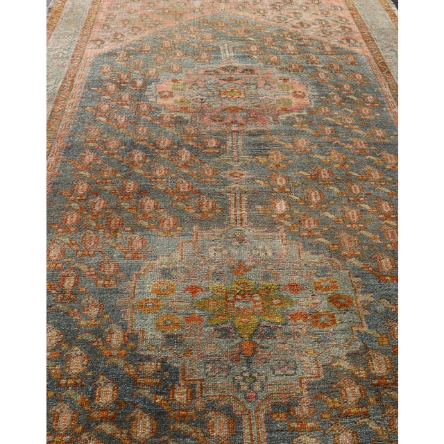 Antique Persian Gallery Malayer Rug With Geometric Design in Gray-Blue and Pink For Sale - Image 4 of 12