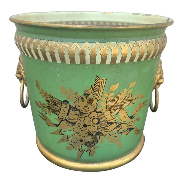 Early 20th Century French Neoclassical Tole Green & Gold Cachepot Planter Vase With Lion Heads For Sale
