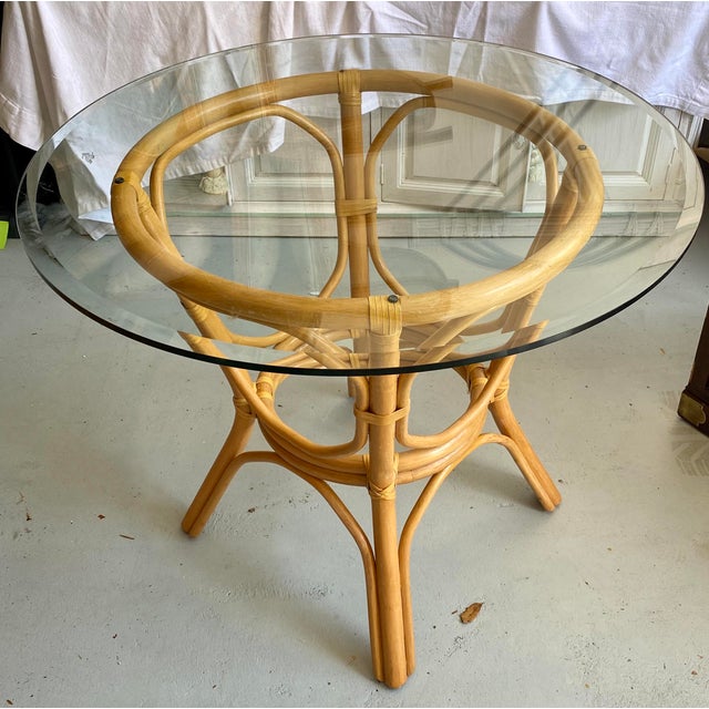 Vintage Boho Chic Mid Century Bentwood Bamboo Dining Table With Beveled Glass Top And Leather Wrapped Joints In The Manner Of Mcguire Chairish