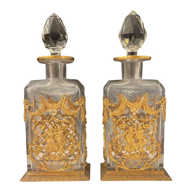 Pair of 19th Century Baccarat French Crystal Decanters With Dore Bronze Mounts For Sale