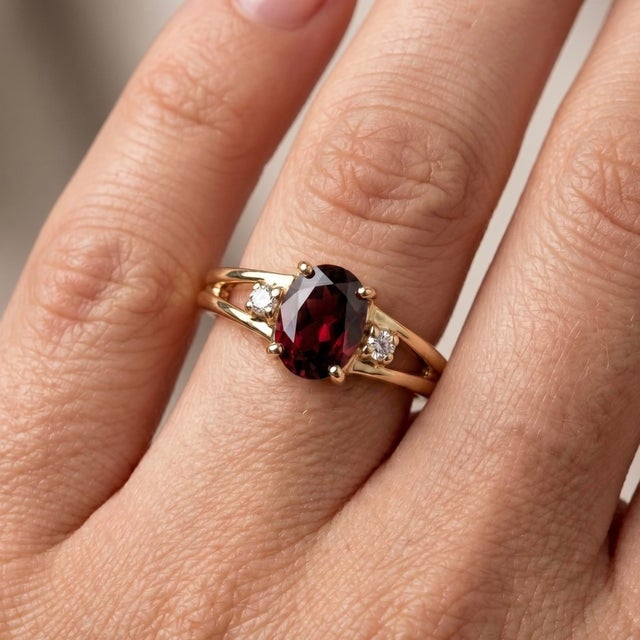 Embrace the deep, passionate warmth of this striking three-stone statement ring, beautifully combining vintage romance...