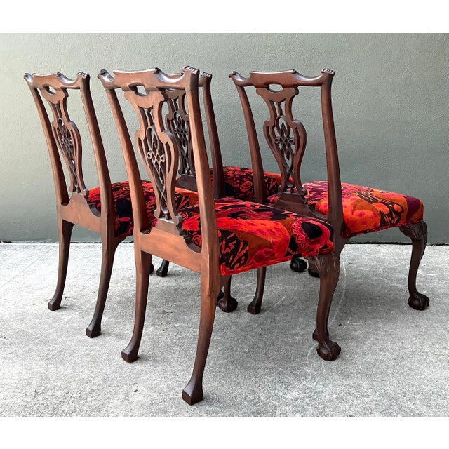 Yves Saint Laurent Vintage Hand Carved Chippendale Dining Chairs in 80s Yves St Laurent Printed Velvet - Set of 4 For Sale - Image 4 of 12