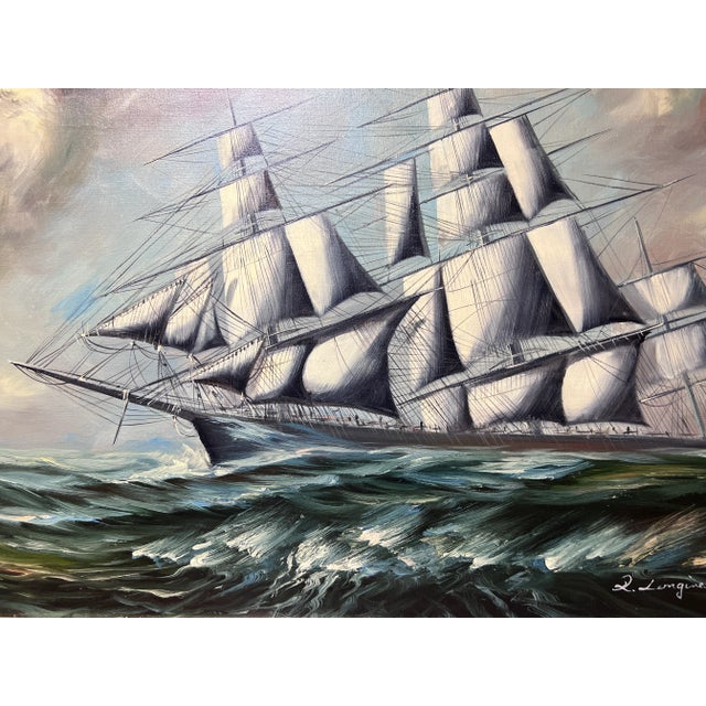 Listed Artist Renato Longanesi Large Italian Oil Painting Tall Ship Seascape For Sale In Jacksonville, FL - Image 6 of 10