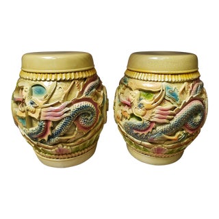 Mid 20th Century Chinese Lacquered Wood Dragon/Phoenix Motif Rice Barrels - a Pair For Sale