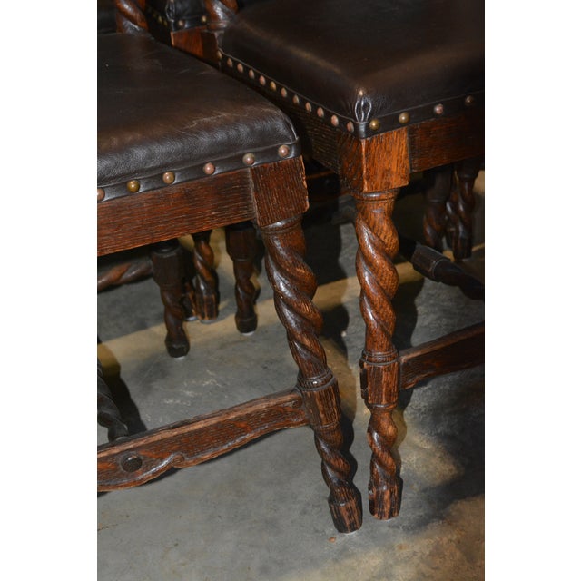 Wood Late 19th Century English Oak Barley Twist Leather Dining Chairs Carved Animals Finials For Sale - Image 7 of 18