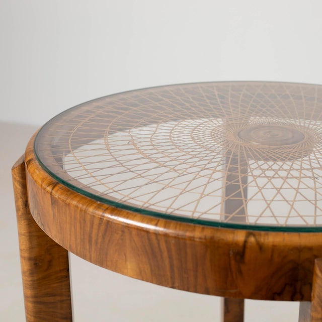 Art Deco Side Table in Wallnut, Rattan and Glass, Poland, 1940s For Sale - Image 4 of 6