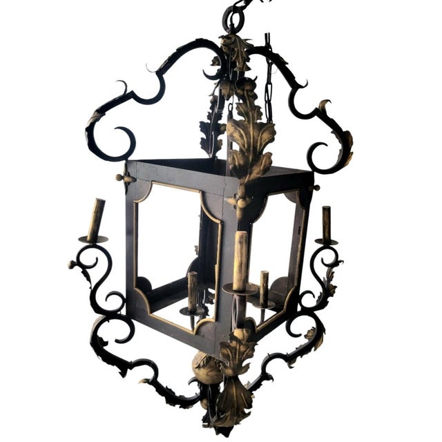 Huge Vintage Florentine Gold Gilt & Dark Iron Acanthus Leaf 8-Light Lantern Chandelier For Sale - Image 9 of 9