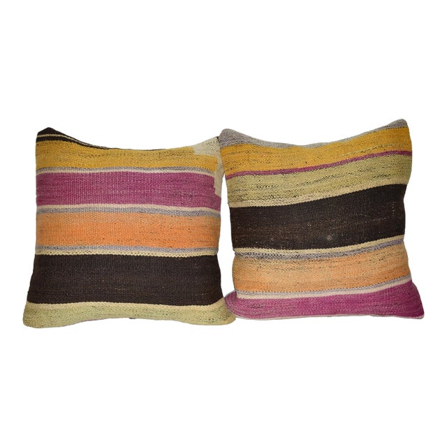 Striped Turkish Kilim Pillow Cover - a Pair For Sale